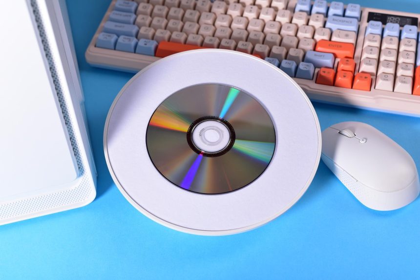 Spinning Retro CD on Blue Tech Surface