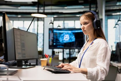 Female engineer listening music at work adjusting deep learning algorithms parameters to automate