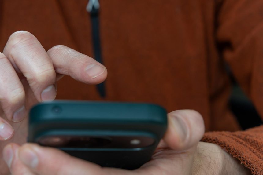Man Tapping Smartphone Screen In Mobile App Interaction Checking Notification And Communication Mes