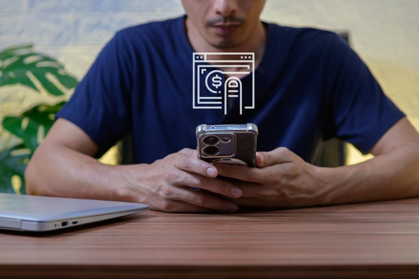 Man Engaged in Online Payment Process Using Smartphone and Laptop