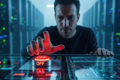 It engineer shutting down server system with off button