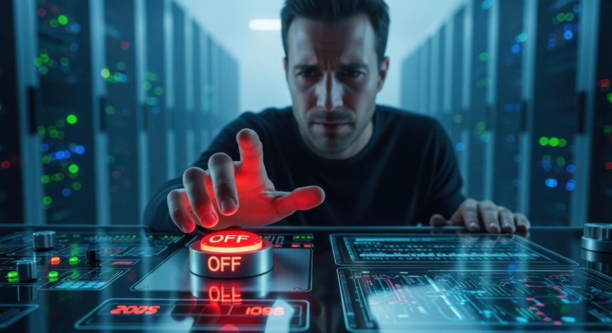 It engineer shutting down server system with off button