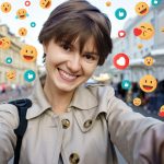 Szczęśliwa młoda dziewczyna trzyma nowoczesny inteligentny telefon i robi selfie portret tła miejskiego