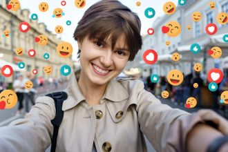 Szczęśliwa młoda dziewczyna trzyma nowoczesny inteligentny telefon i robi selfie portret tła miejskiego