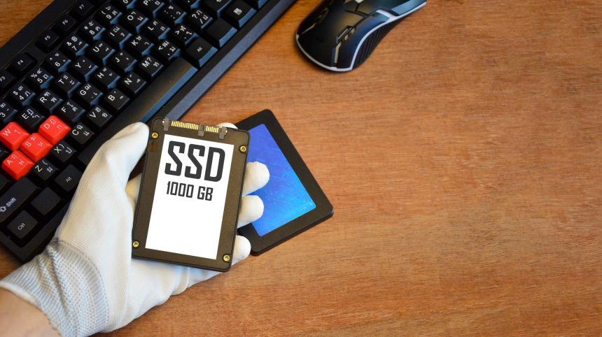 Naprawca z dyskiem twardym i SSD w ręku